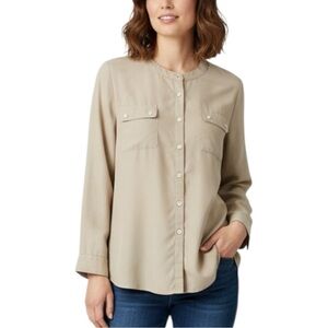 Chico's 2 Tan Button-Down Utility Roll Tab Sleeve Shirt Feels Like Silk Large